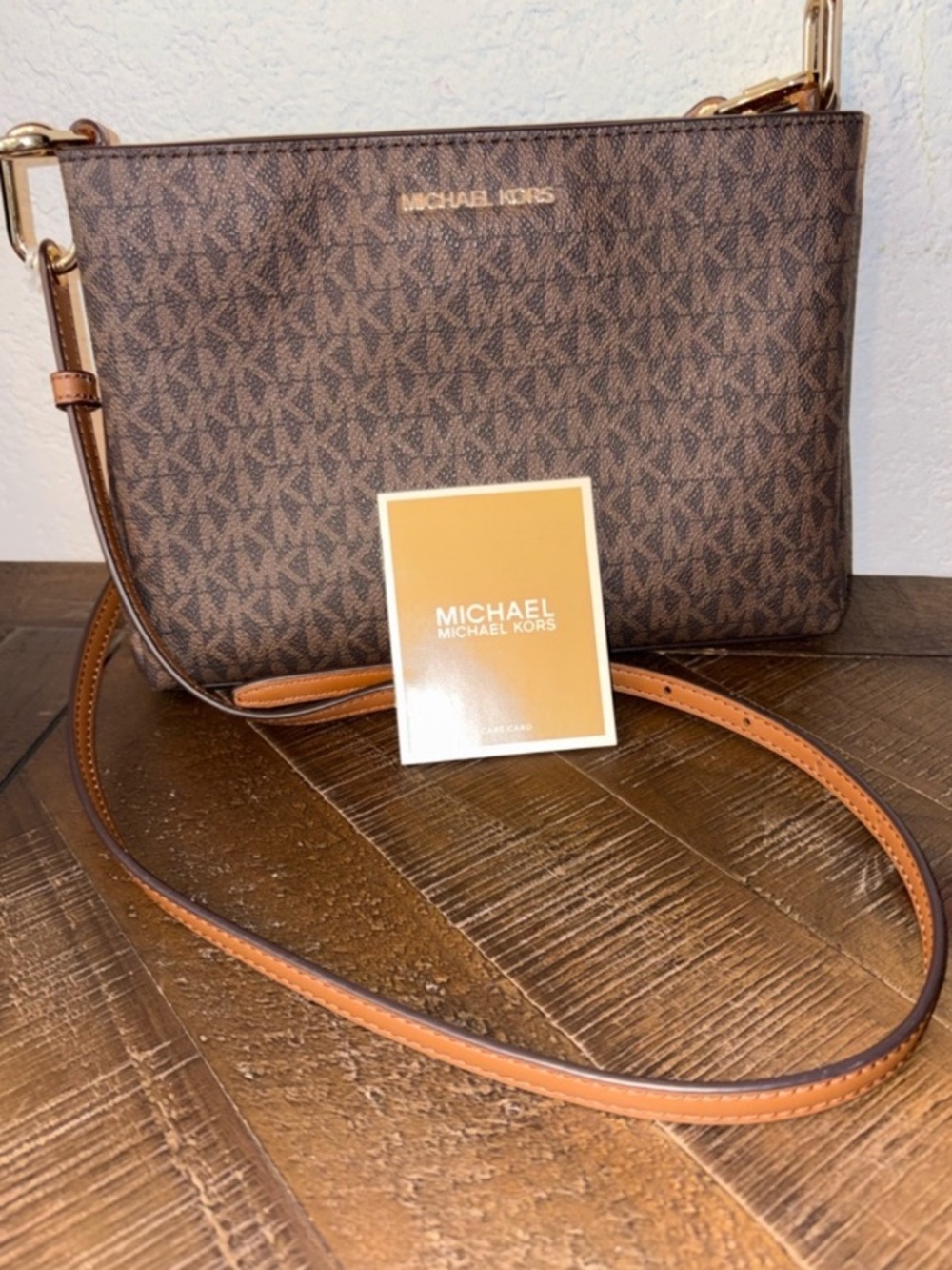 Michael Kors Jet Set Travel Double Zip Crossbody Wristlet MK Brown Signature